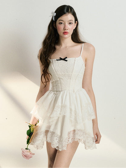 Camisole Lace Feminine Flower Tiered Short Dress