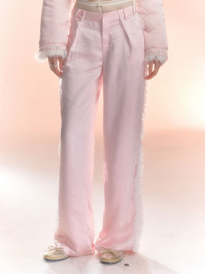 Satin Flower Plain Side-Frill Casual Straight Pants