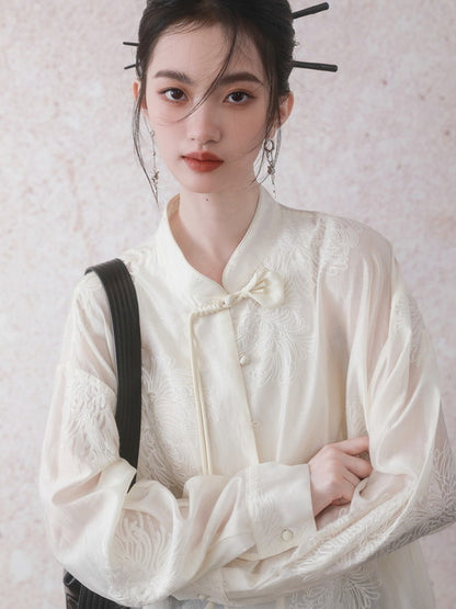 China Oversize See-Through Flower Embroidery Blouse