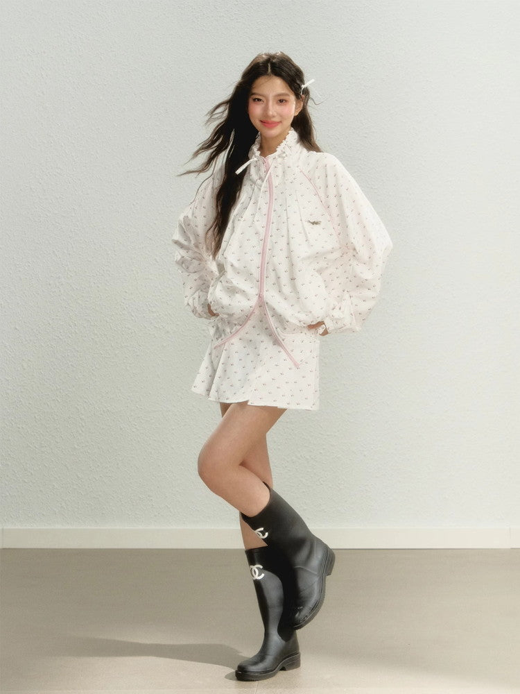 Set-Up Casual Flwoer Drawstring Parka＆Mini-Skirt