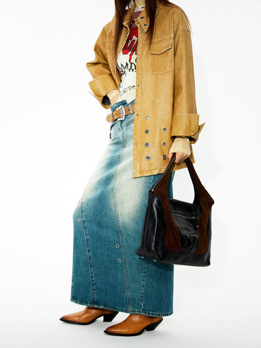 Faded-Denim Pencil-Skirt Casual Maxi Long-Skirt