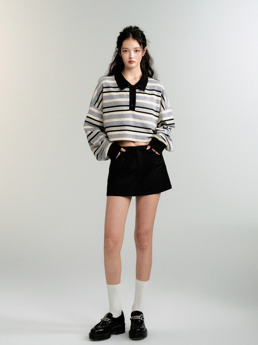 Polo-Neck Border Balloon-Sleeve Loose Knit