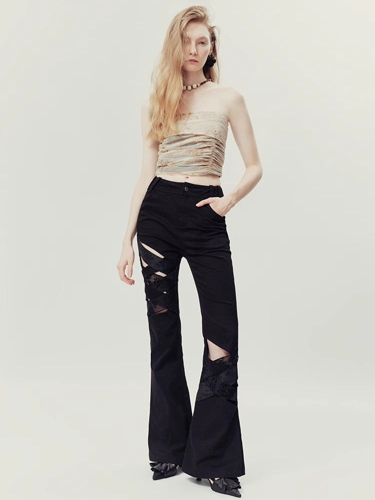 Nichi Lace Mesh Flower High-Waist Flare-Pants