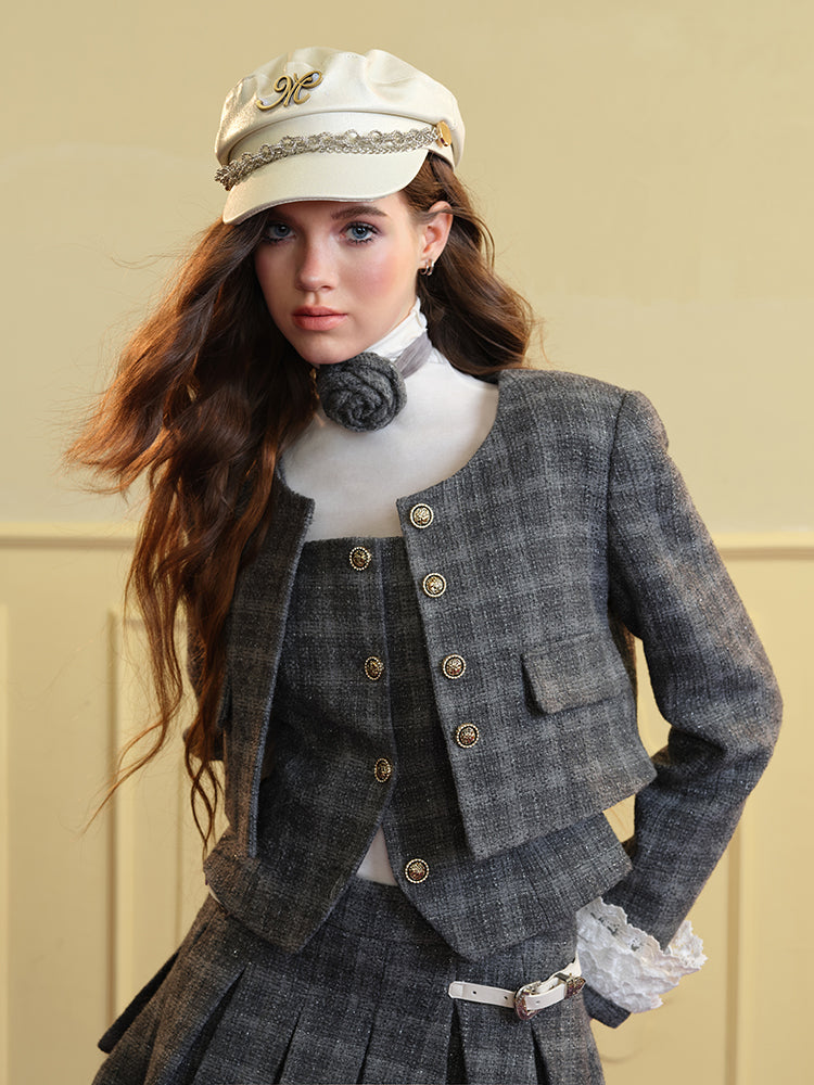 Tweed Lace Feminine Cute Jacket&amp;Vest&amp;Mini-Skirt&amp;Long-Skirt