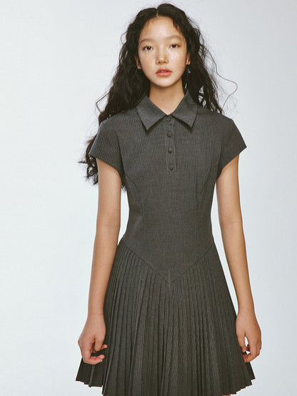 Pleats Polo-Neck Casual Half-Sleeve Casual One-Piece