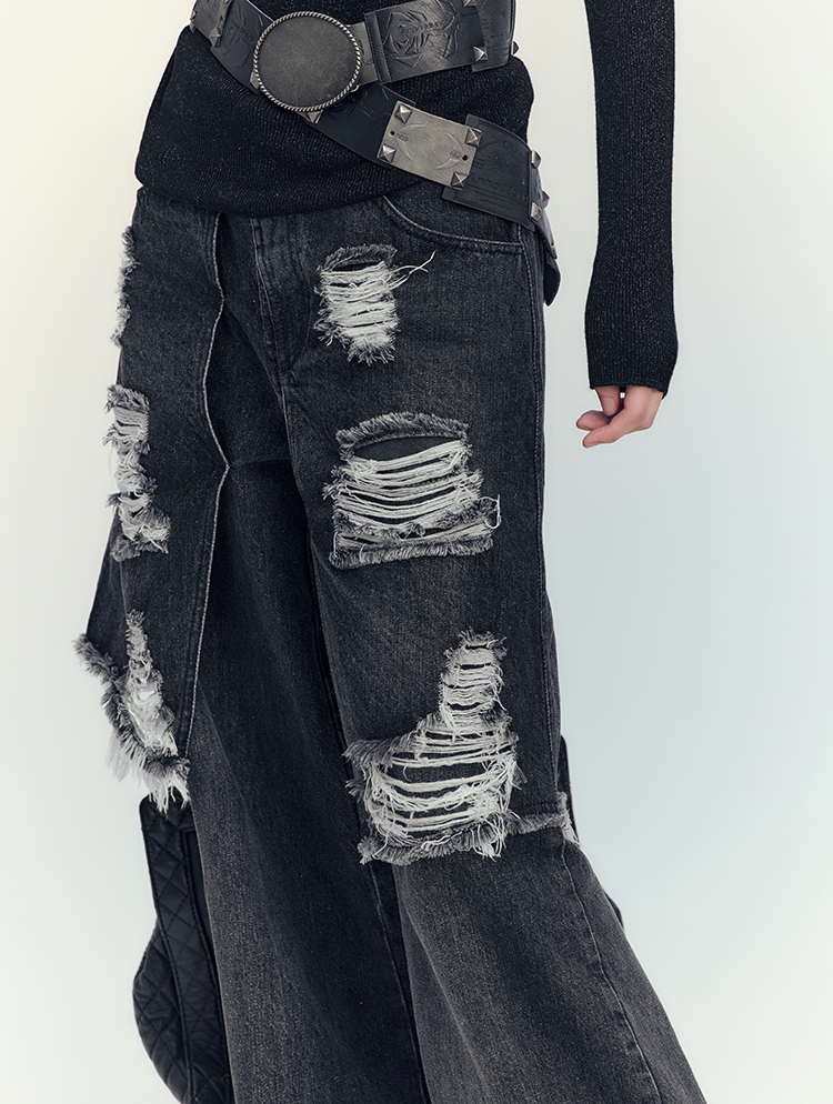 Nichi Denim Layered Conspicuous Damage Wide-Pants