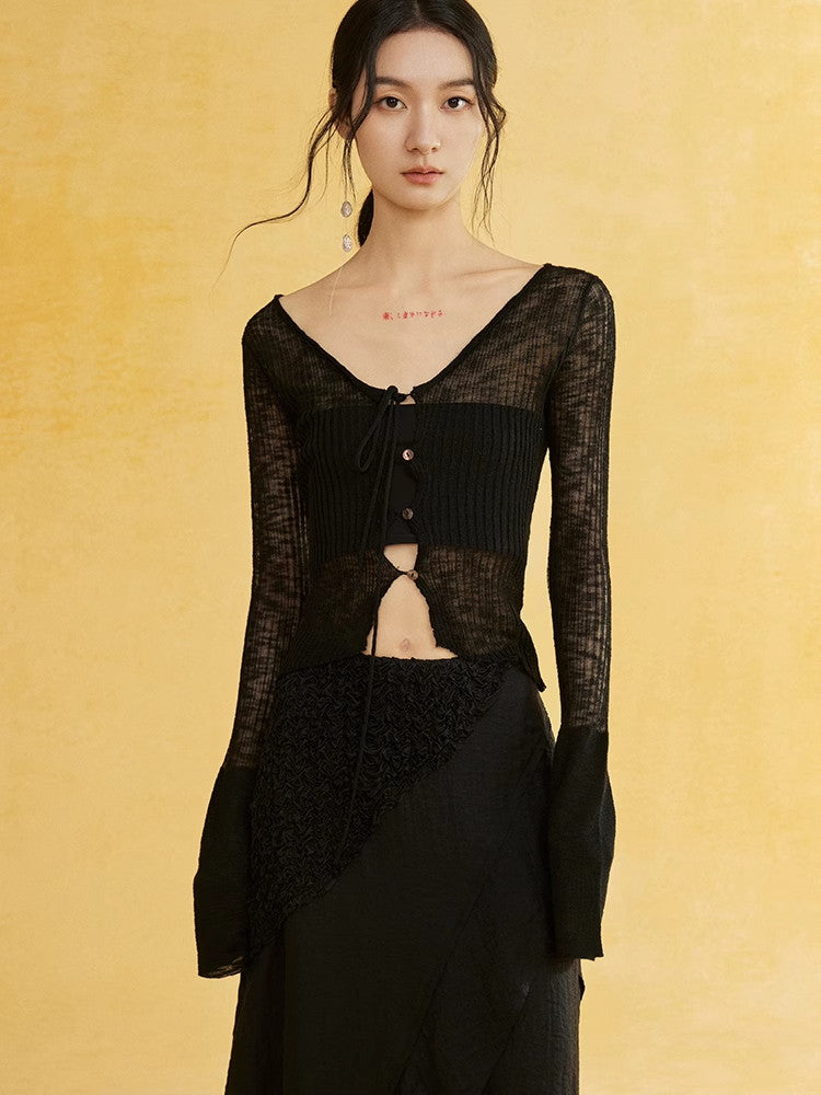 Sheer V-Neck Thin Slim Knit Cutsew