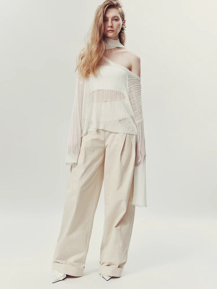 Sheer Oversize V-Neck Loose Long-Sleeve Summer-Knit