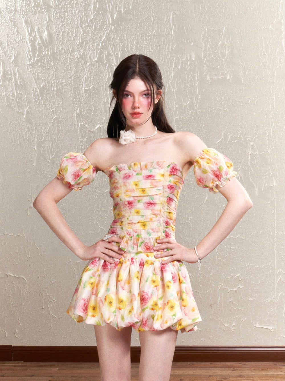 Flower Rose Colorful Gather Tube-Top&amp;Mini-Skirt