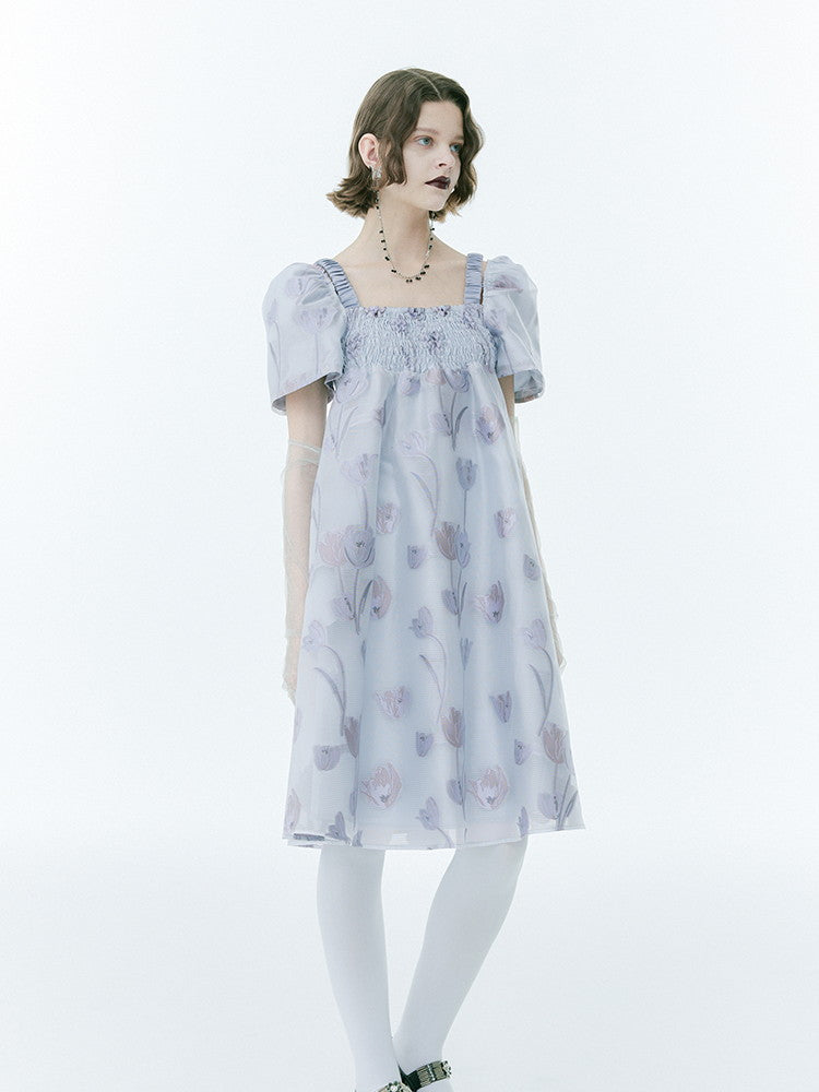 Flare Ciffon Puff-Sleeve Flower Sheer Square-Neck Dress