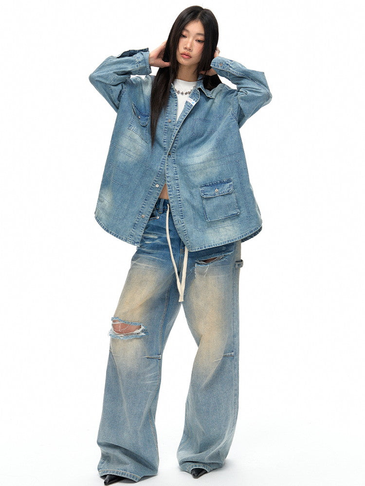 Damage Crush Straight Loose Wide Faded Denim-Pants