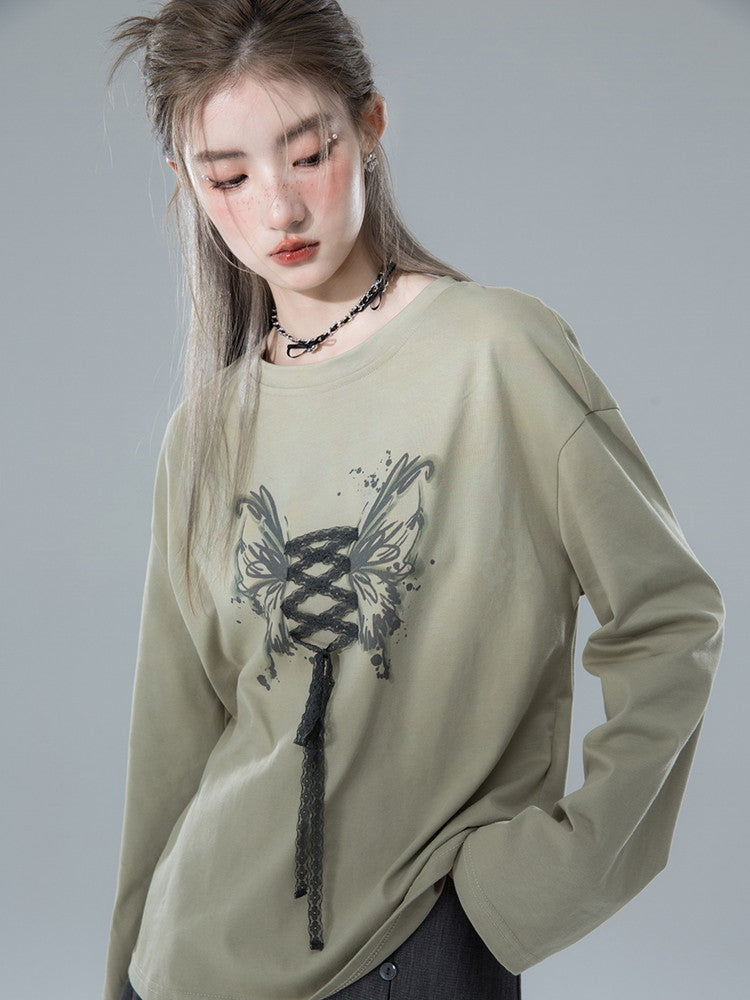 Lace Butterfly Crew-Neck Casual Ovresize Long-T-Shirt