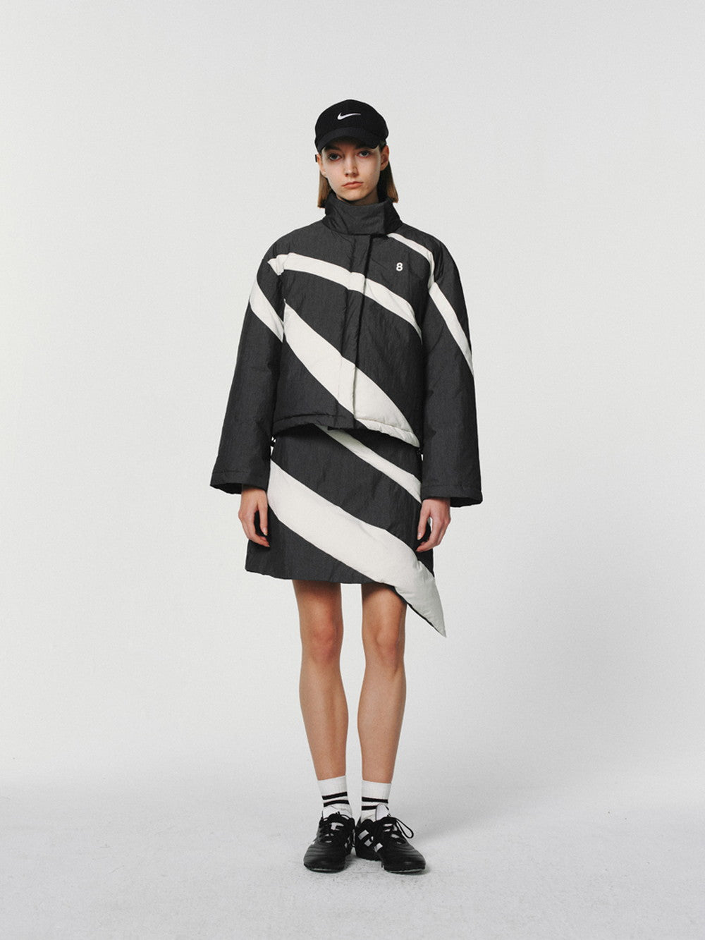 Asymmetry Cotton Quilting Monotone Jacket&amp;Skirt