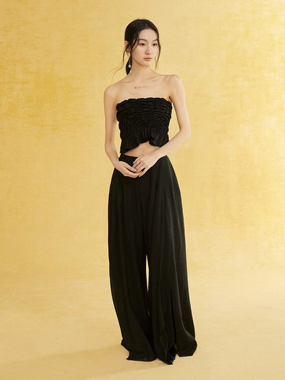 Natural Slit Wide-Leg Wrinkled Plain Flare-Pants