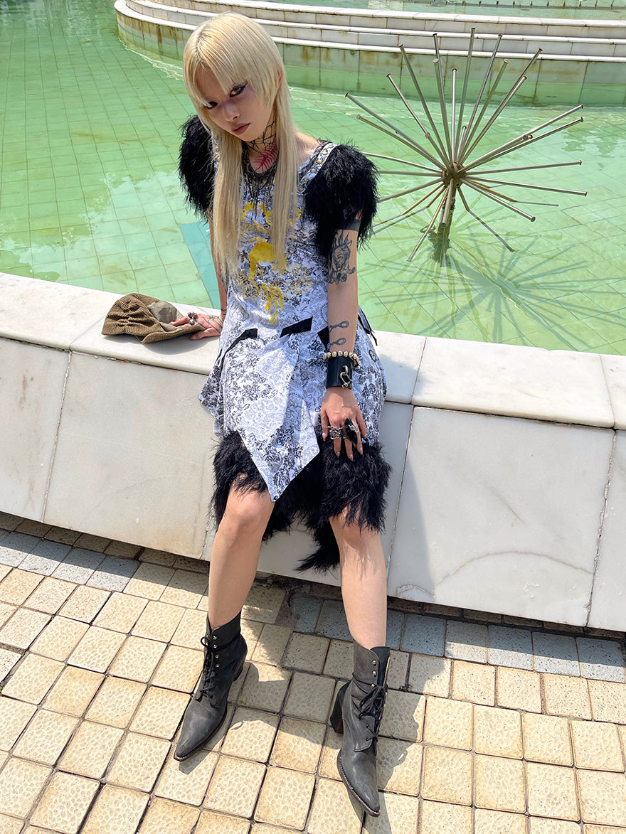 Fur Asymemtry Lace Flower Monotone Tops&amp;Skirt