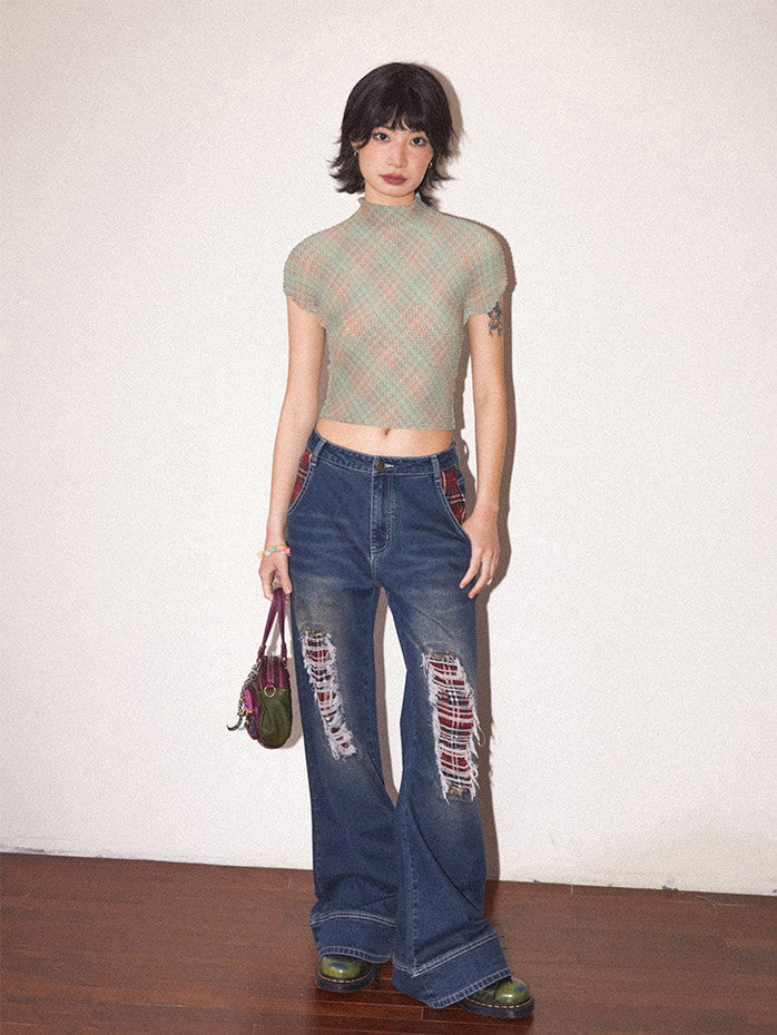 Crash Damage Wide-Leg Casual Denim Pants