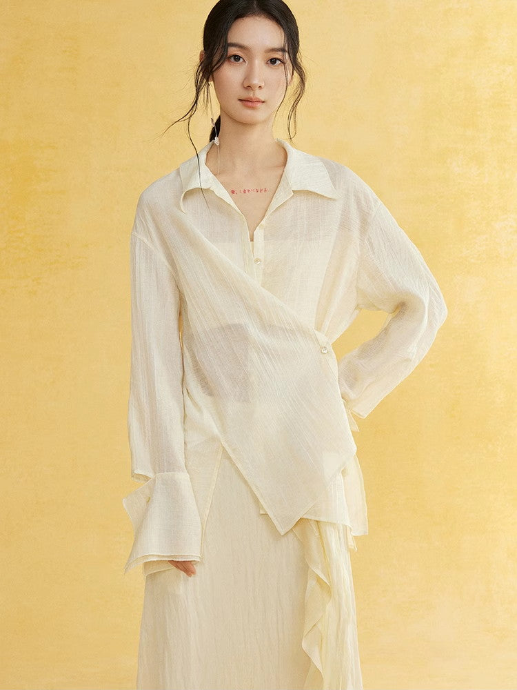 Side-Button Natural Sheer Oversuze Shirt