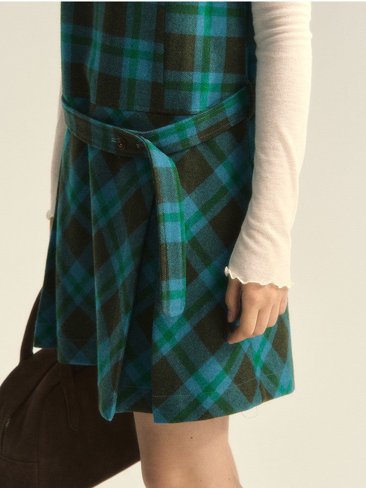 Wool Checked Sleeveless U-Neck Layered One-Piece