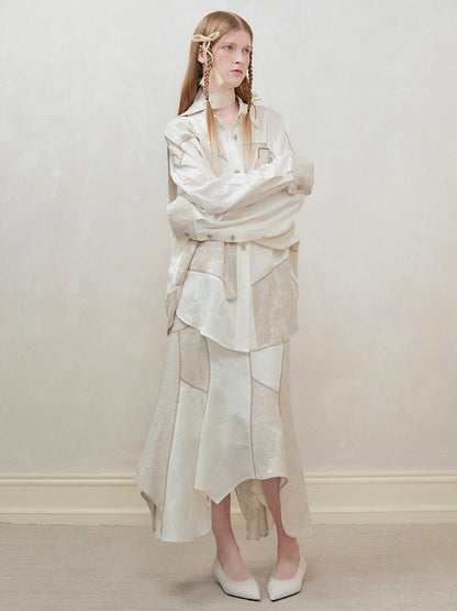 Set-Up Oversize Patchwork Asymmetry Chic Shirt＆Long-Skirt