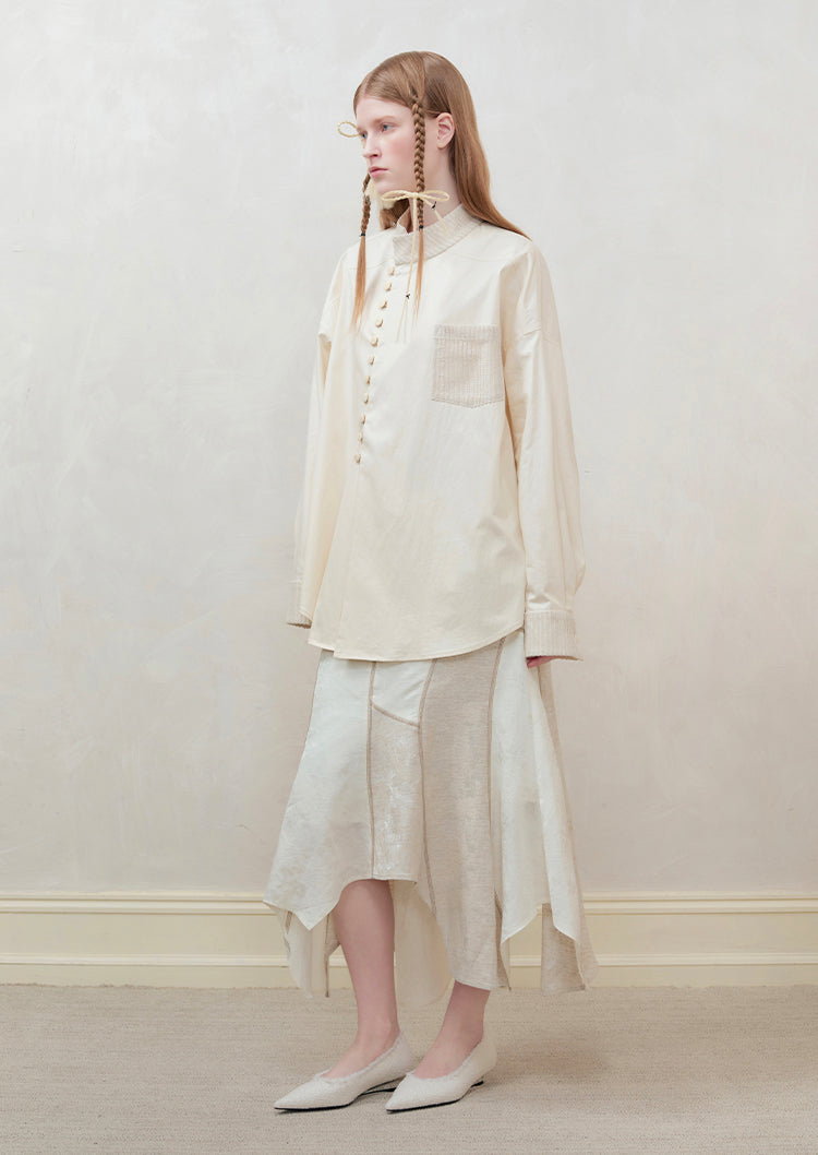 Set-Up Oversize Patchwork Asymmetry Chic Shirt＆Long-Skirt