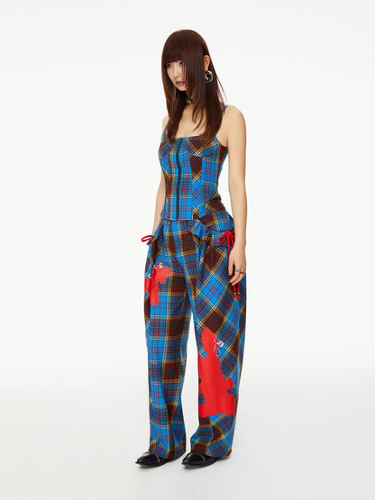 Checked Retro Girly Rabbit Silhouette Wide-Leg Nichi Casual Pants