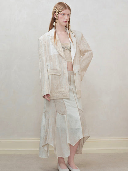 Set-Up Oversize Patchwork Asymmetry Chic Shirt＆Long-Skirt