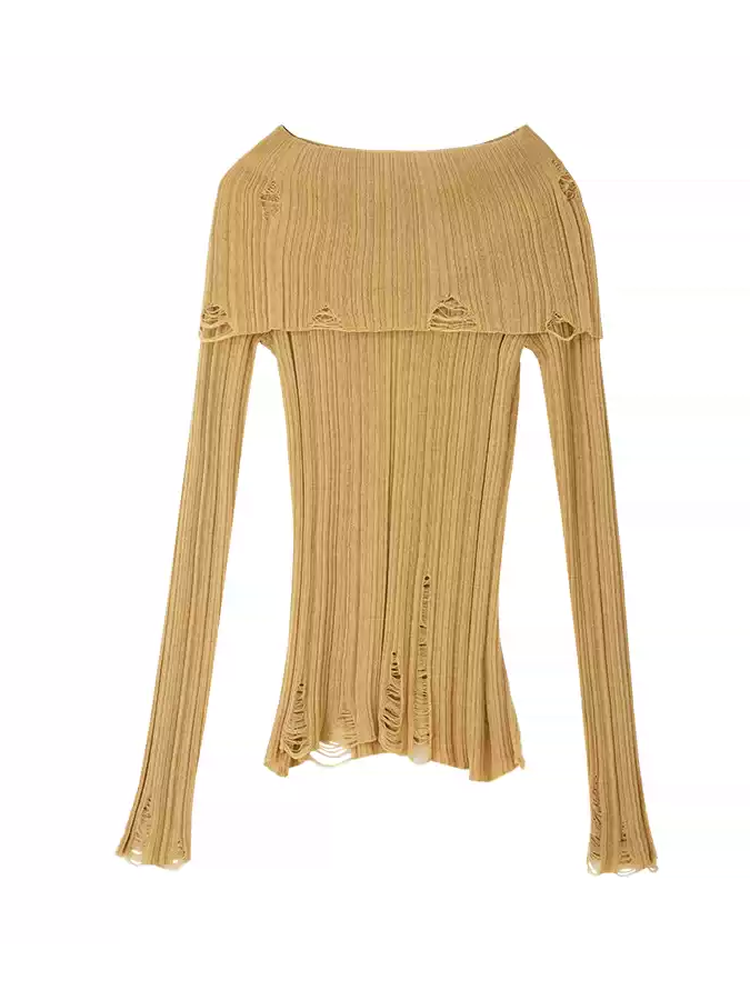 Off-Shoulder Damage Slim Sheer Nichi Classy Knit