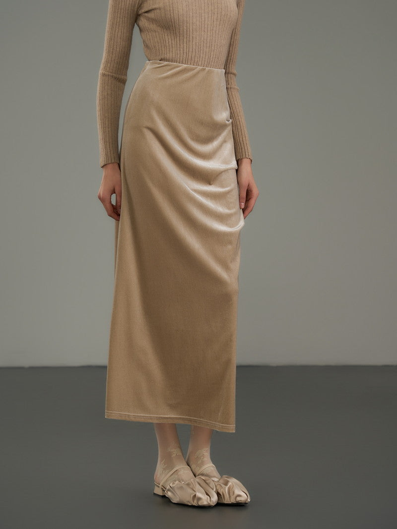 Velvet Drape Flare Plain Chic Long-Skirt