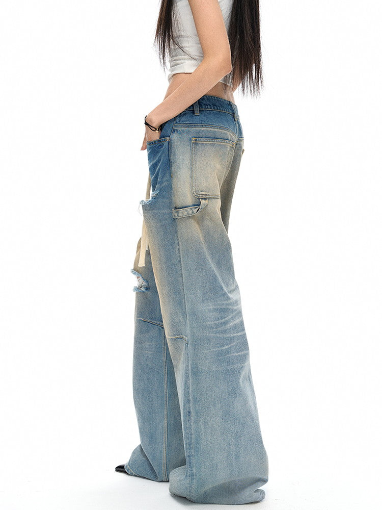 Damage Crush Straight Loose Wide Faded Denim-Pants