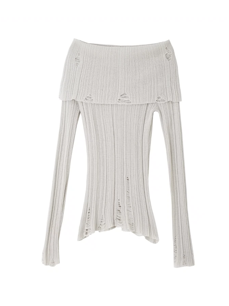 Off-Shoulder Damage Slim Sheer Nichi Classy Knit