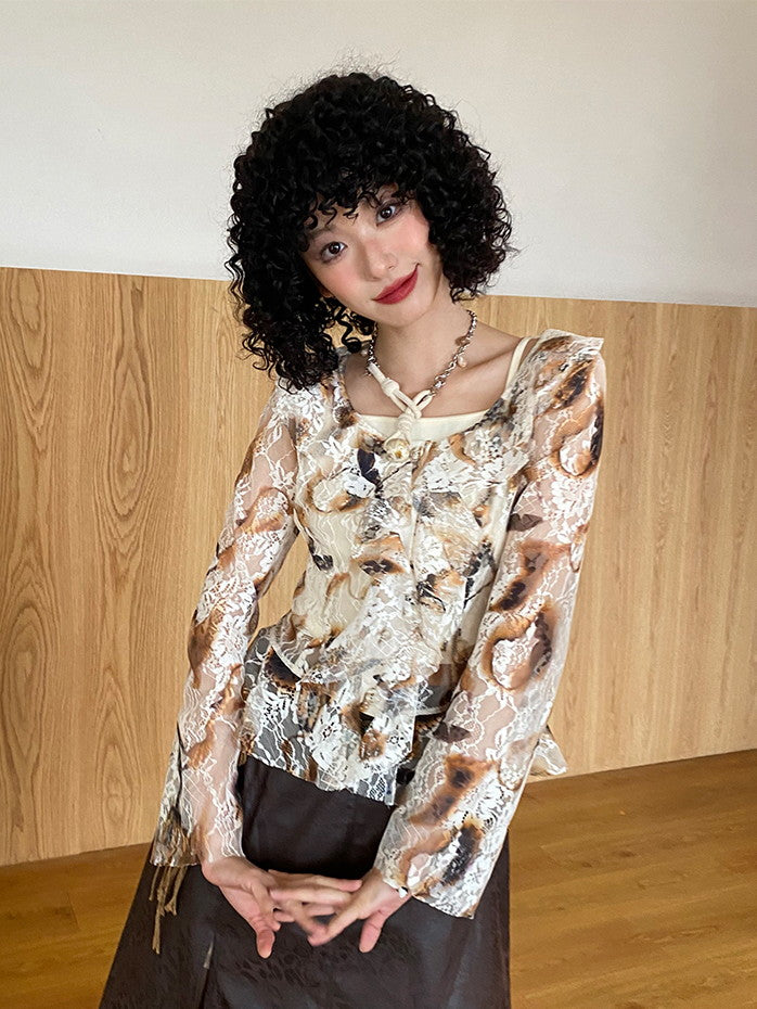 Set-Up Lace See-Through Retro Flower Frill Blouse