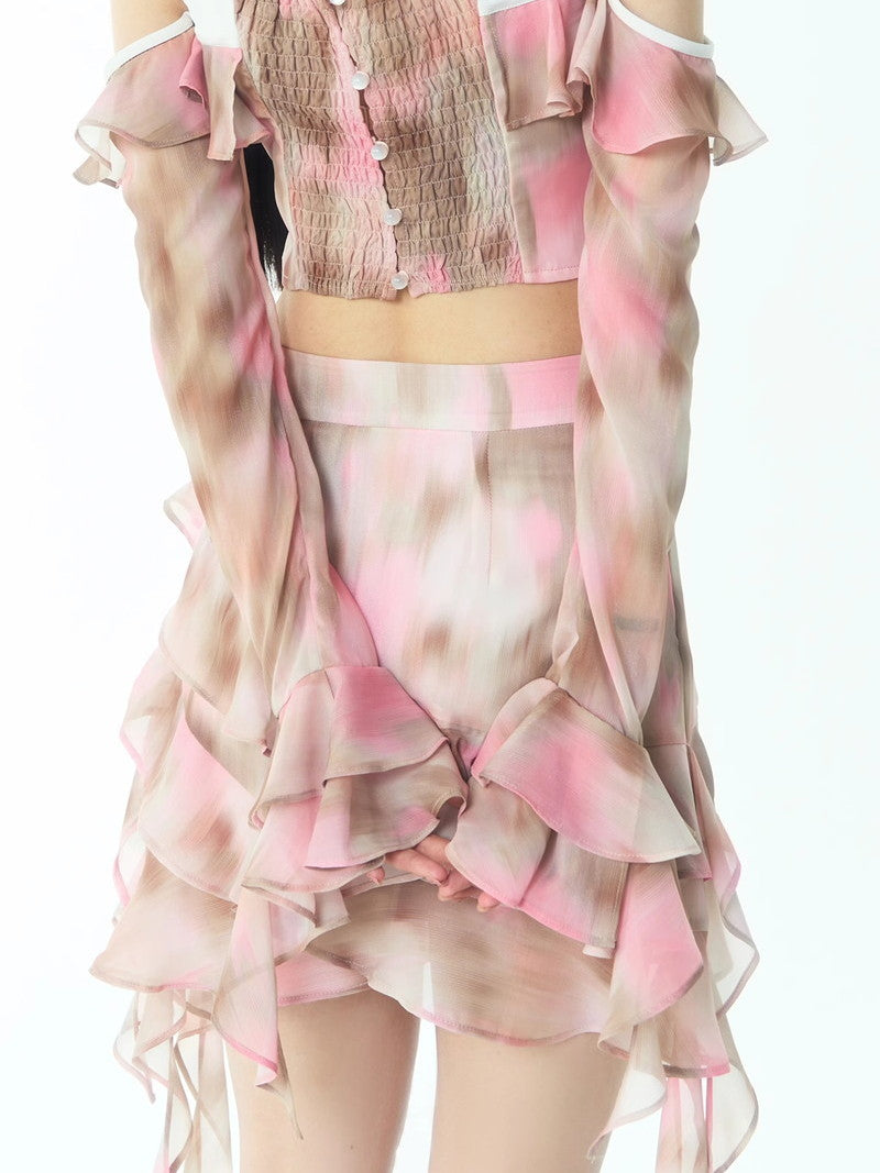 Tie-Dye Ciffon Asymmetru Tiered Frill Watercolor Mini-Skirt