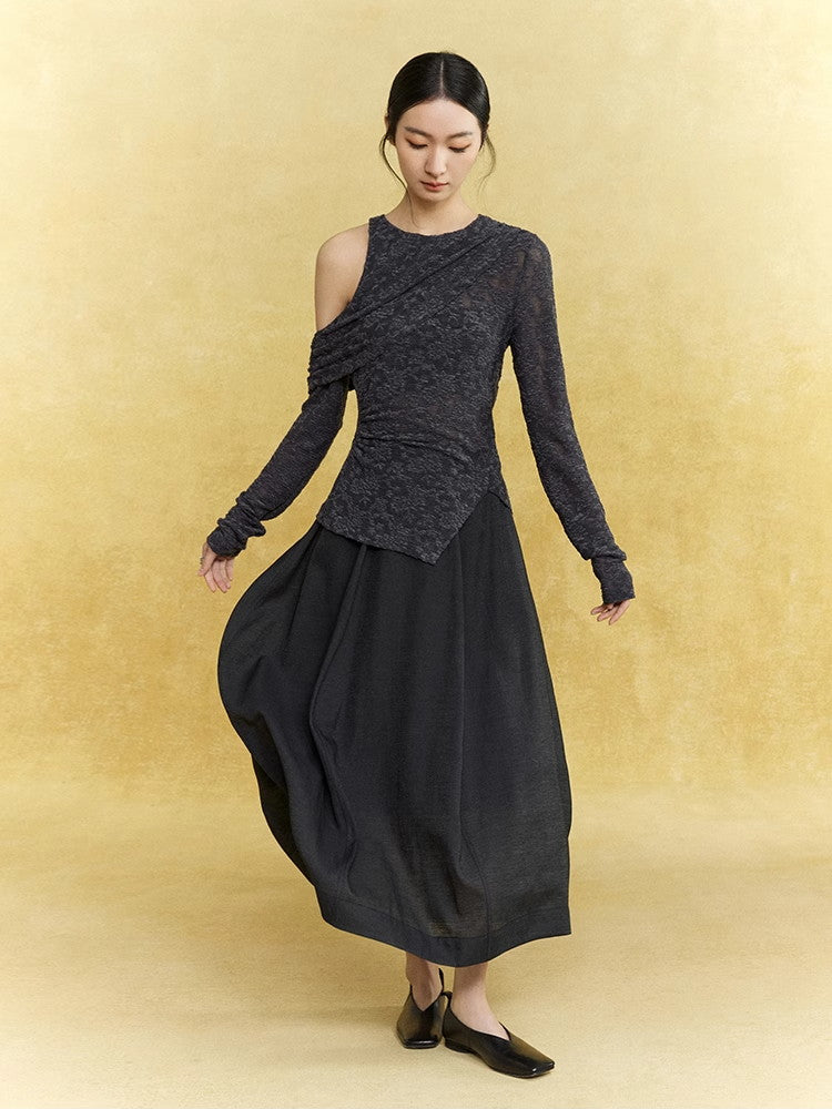 Open-Shoulder Flower Mesh Sheer Asymmetry Knit