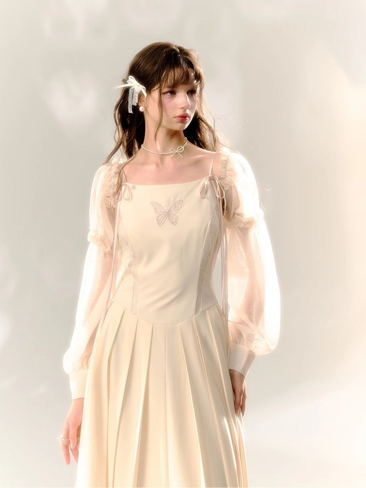 Butterfly Ribbon Elegant Long Sheer Camisole Long-Sleeve Dress＆Bolero