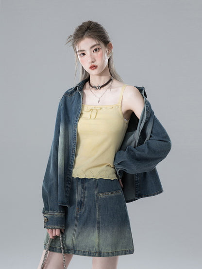 Shirt＆Mini-Skirt Denim Gradation Casual Set-Up