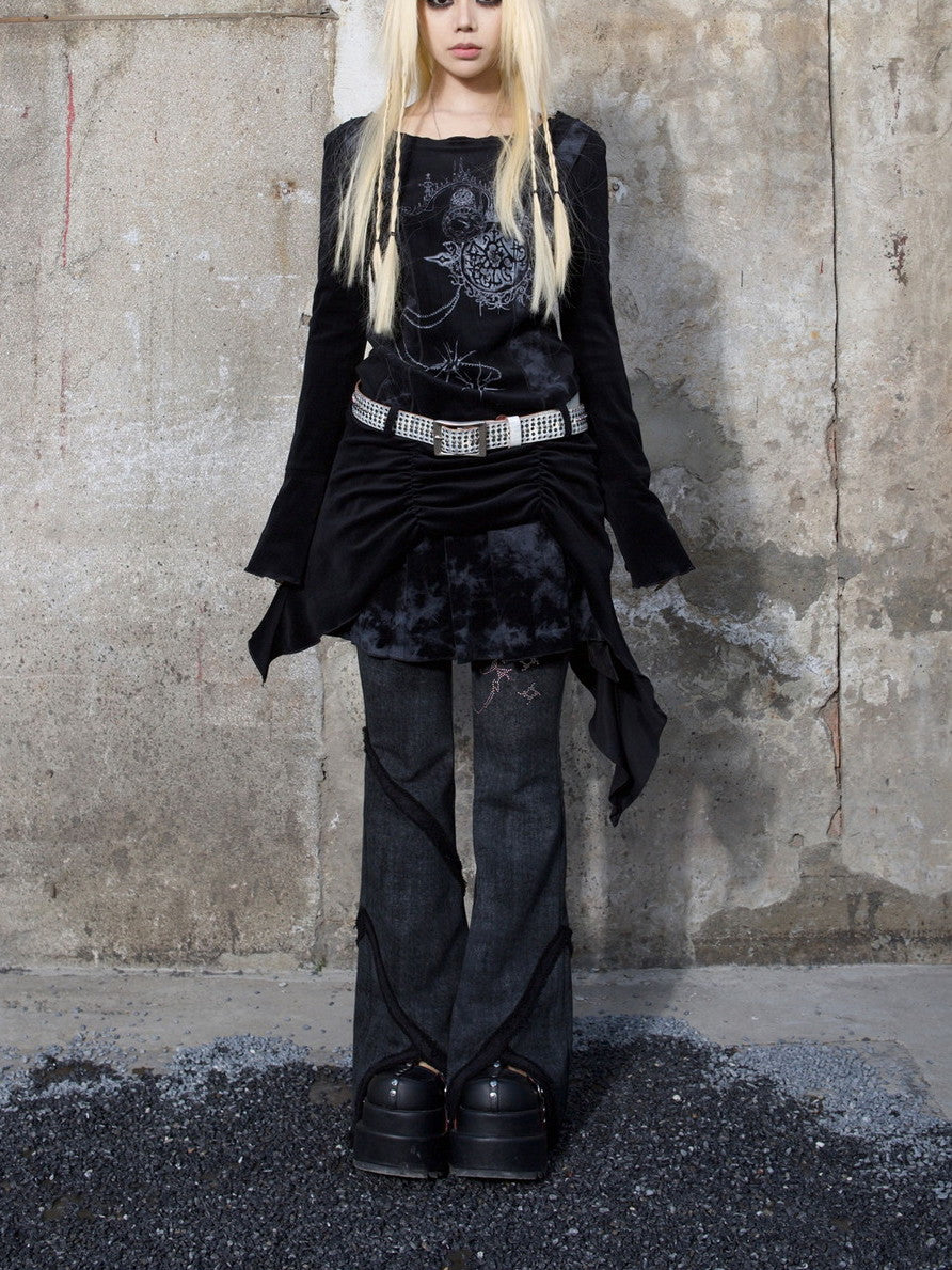 Gothic Ruffle Drape Silhouette Graphic Long-T-Shirt