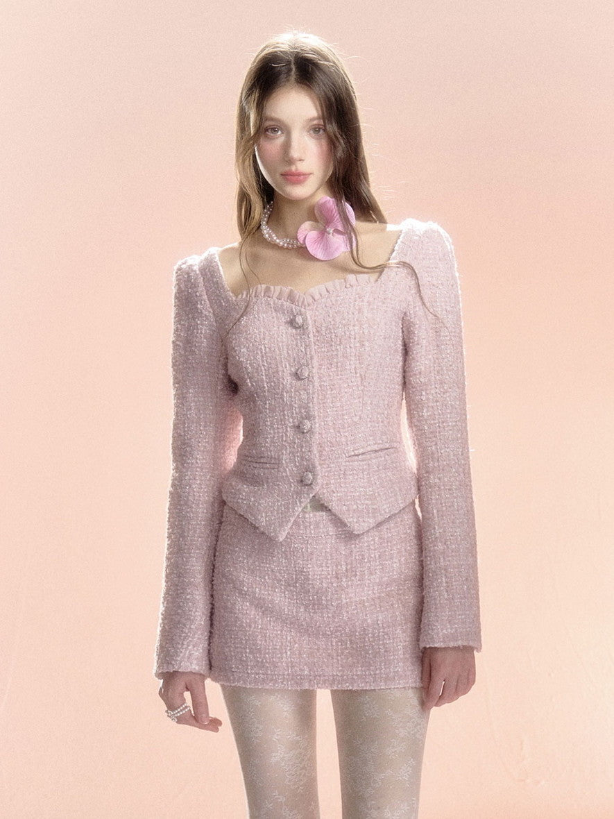 Tweed Feminine Set-Up Suit Slim Jacket&amp;Mini-Skirt