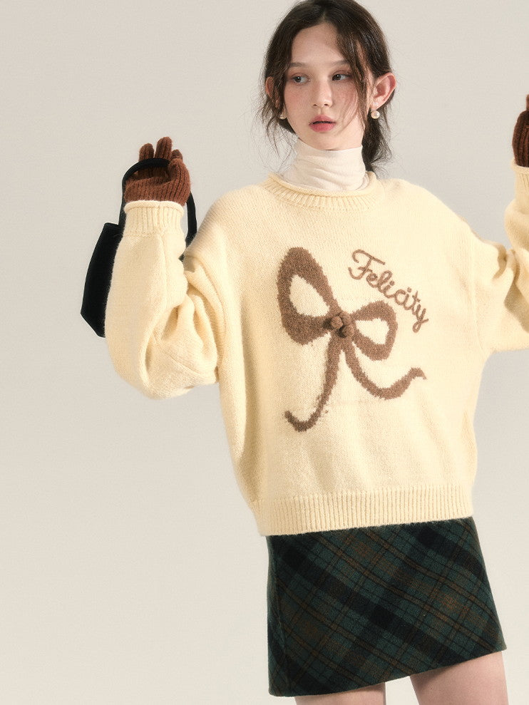 Ribbon Cute Crew-Neck Sweater Knit