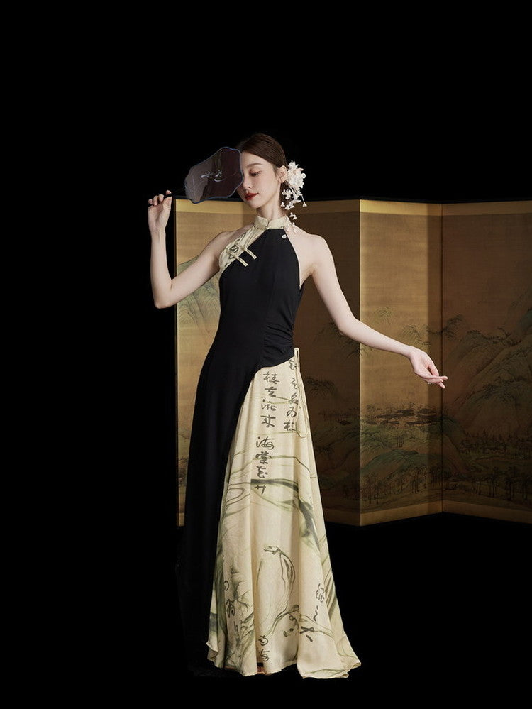 Japanese American-Sleeve Watercolor Retro Long Dress