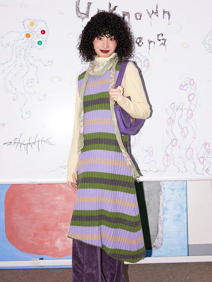 Border Asymmetry Colorful Round-Neck Knit One-Piece