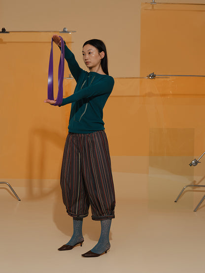 Cropped Half Stripe Ethnic Balloon-Pants