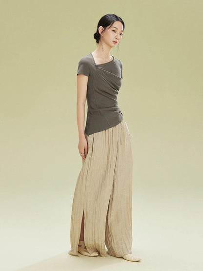 Asymmetry Drape Gather Nichi Plain0Half-Sleeve Cutsew