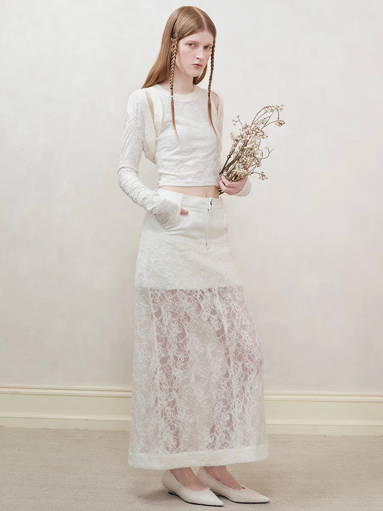 Lace H-Line Sheer Flower Embroidery Feminine Long-Skirt