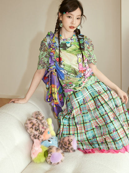 Checked Frill Embroidery Animal Layered Fancy Flare-Skirt