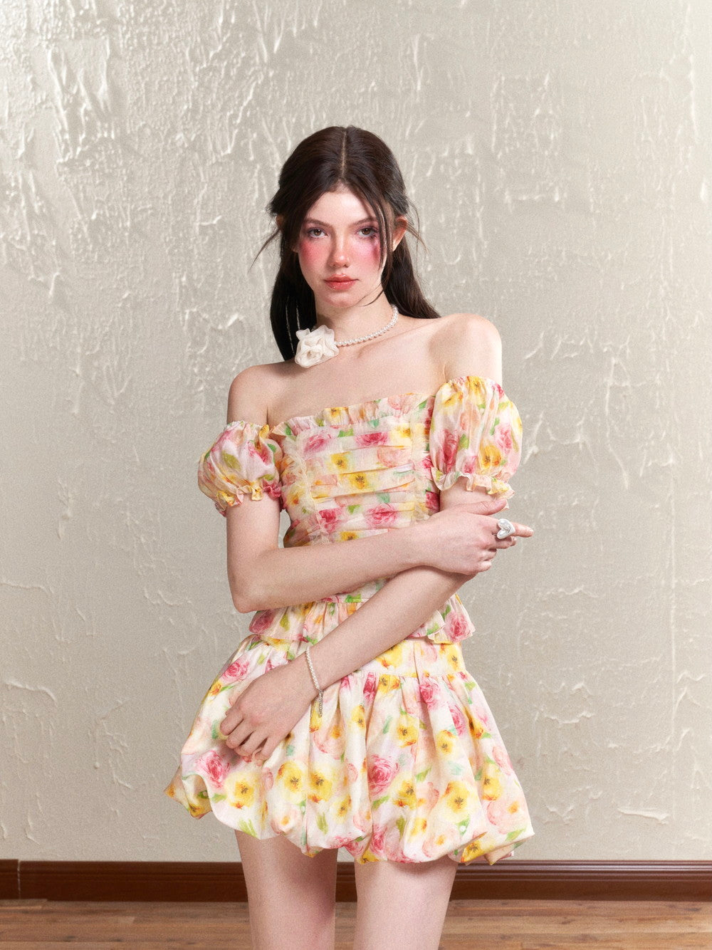 Flower Rose Colorful Gather Tube-Top&amp;Mini-Skirt