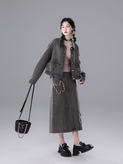 Shirt＆Long-Skirt Demin Butterfly Tassel Vintage Set-Up