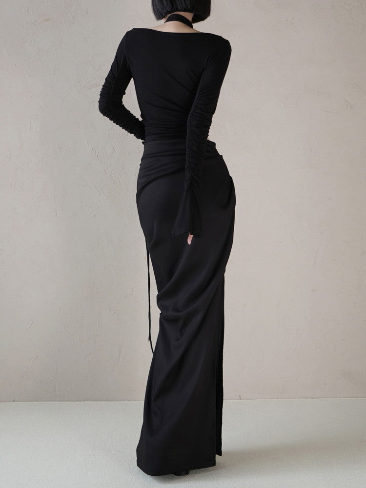 Bottle-Neck Drape Slim Simple Long Dress