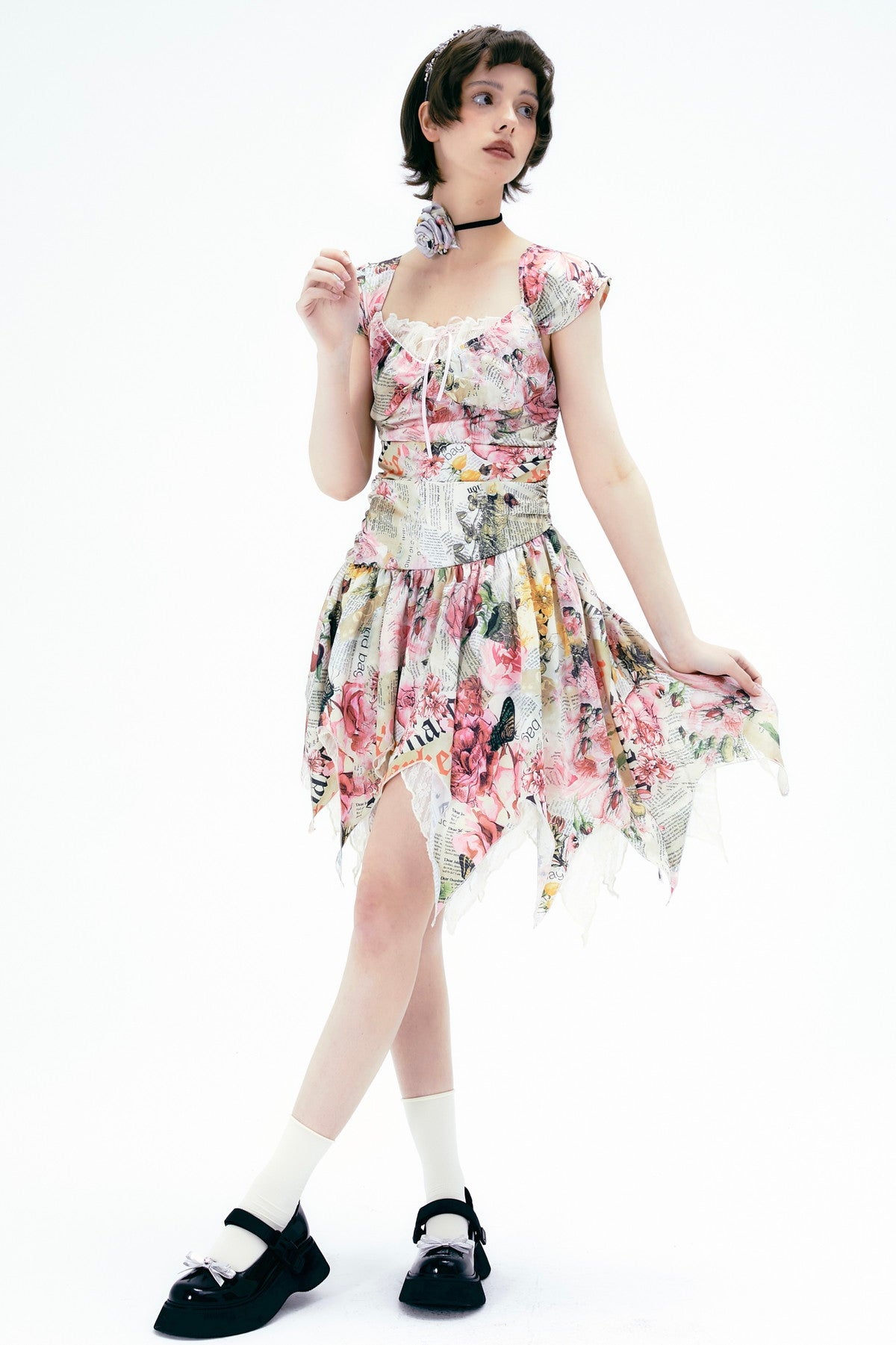 Flower Gorgeous Asymmetry Newspaper One-Piece