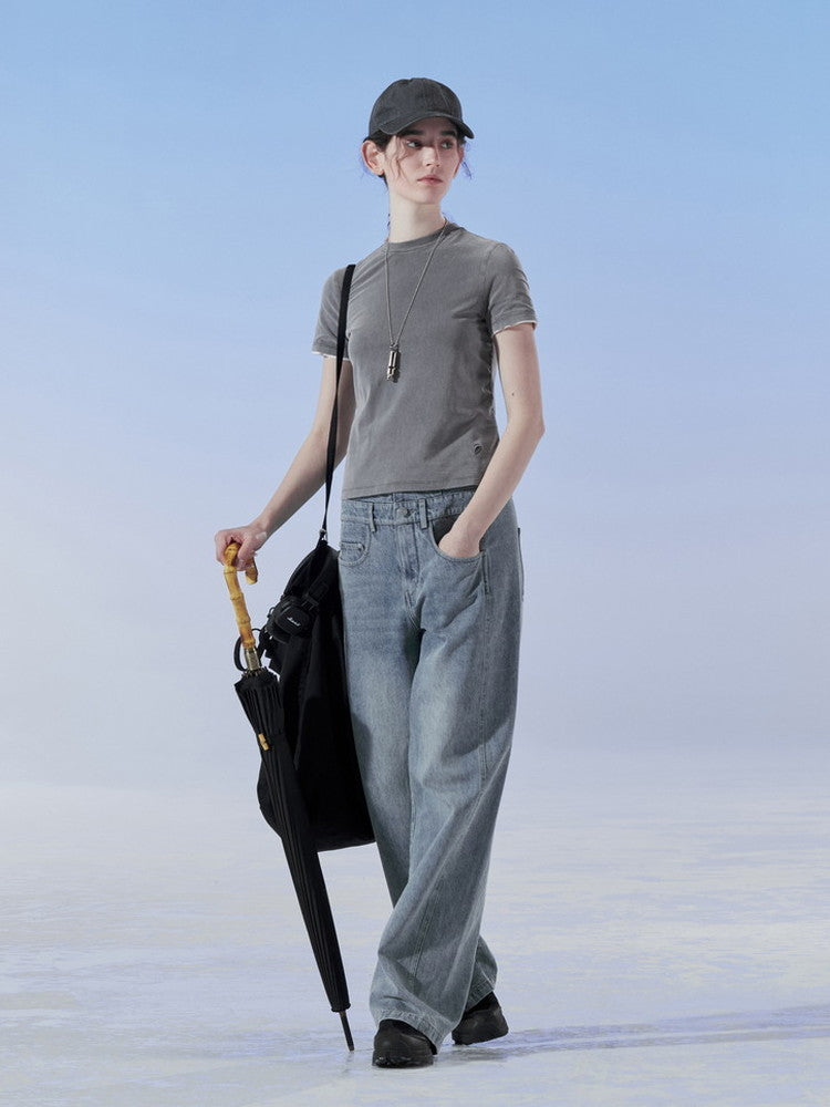 Denim Straight Washed Loose Casual Plain Pants