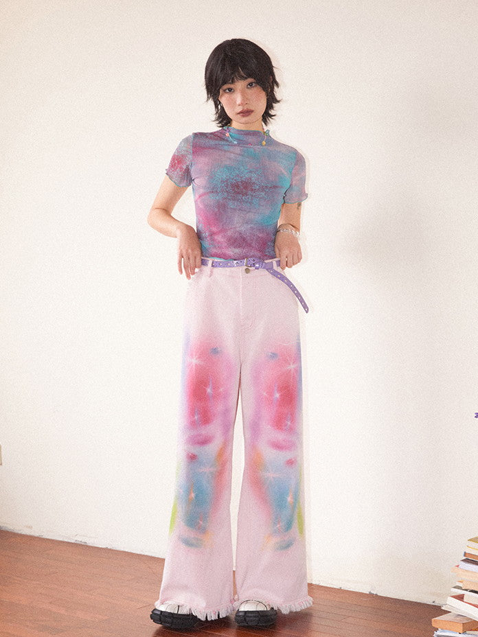 Tie-Dye Pale-Tone Damage Cotton-Candy Tassel Casual Straight Denim-Pants